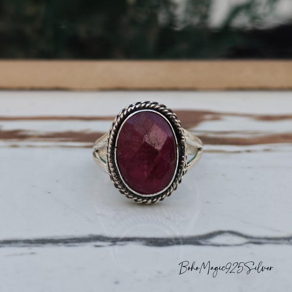 Handmade Oval Red Ruby Ring: Sterling Silver Boho Band