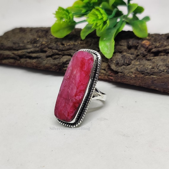 Long Red Ruby Ring: Handmade Jewelry, 925 Sterling Silver Band Ring Long Red Ruby Ring: Handmade Jewelry, 925 Sterling Silver Band Ring