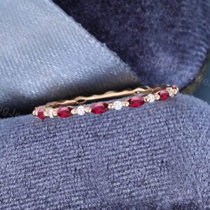 Marquise Cut Lab Ruby Wedding Band Rose Gold Stacking Matching Ring Unique Full Eternity Moissanite Ring Bridal Promise Anniversary Gift