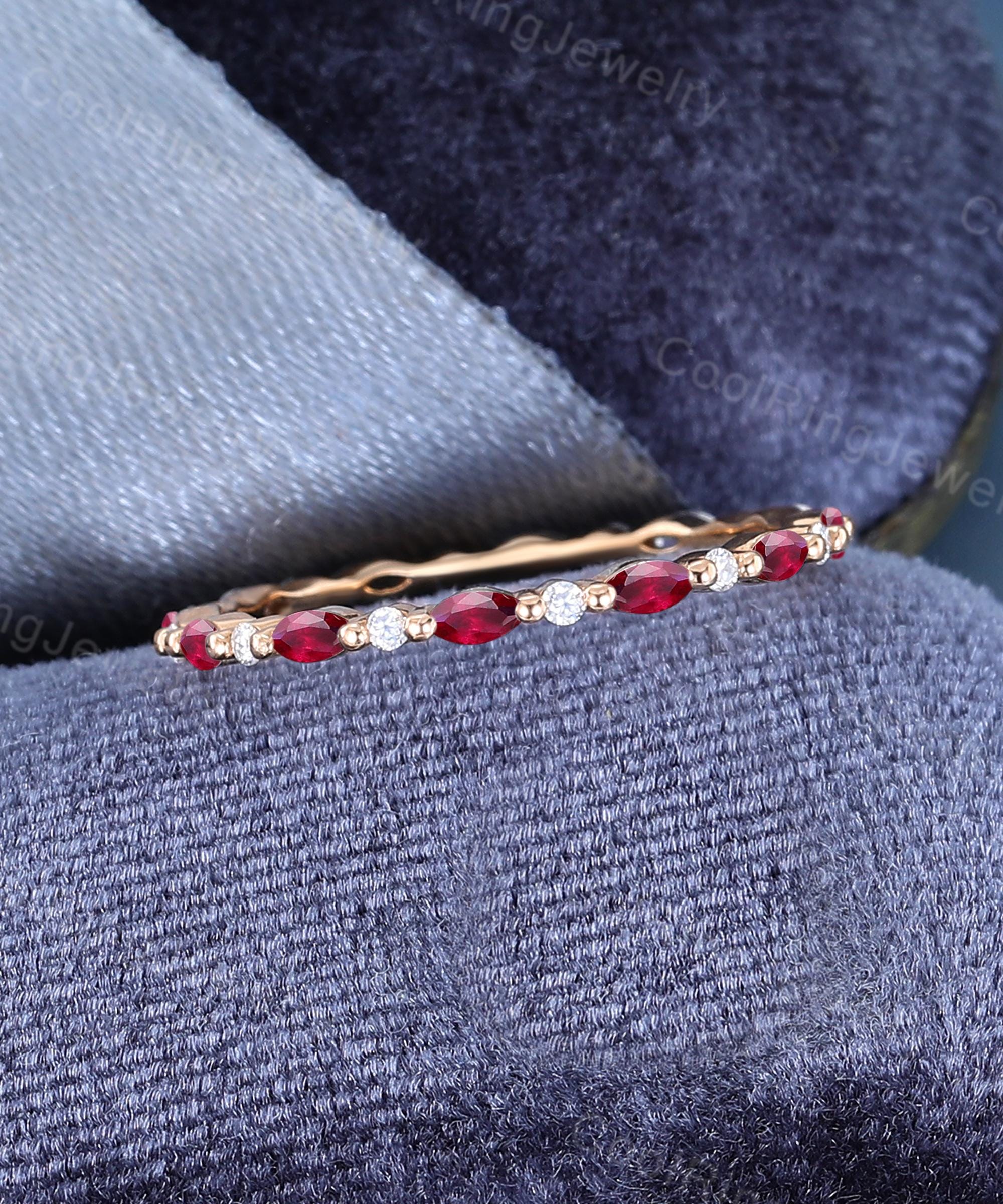 Marquise Cut Lab Ruby Wedding Band Rose Gold Stacking Matching Ring Unique Full Eternity Moissanite Ring Bridal Promise Anniversary Gift