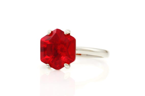 Radiant Ruby Ring In Silver · Hexagon Ruby Ring · Anniversary Gift · Solitaire Stone Ring · Ruby And Silver Ring · 925 Sterling Silver Ring