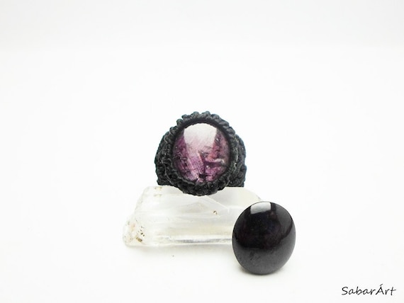 Star Ruby Ring: Black Micro Macrame, July Birthstone