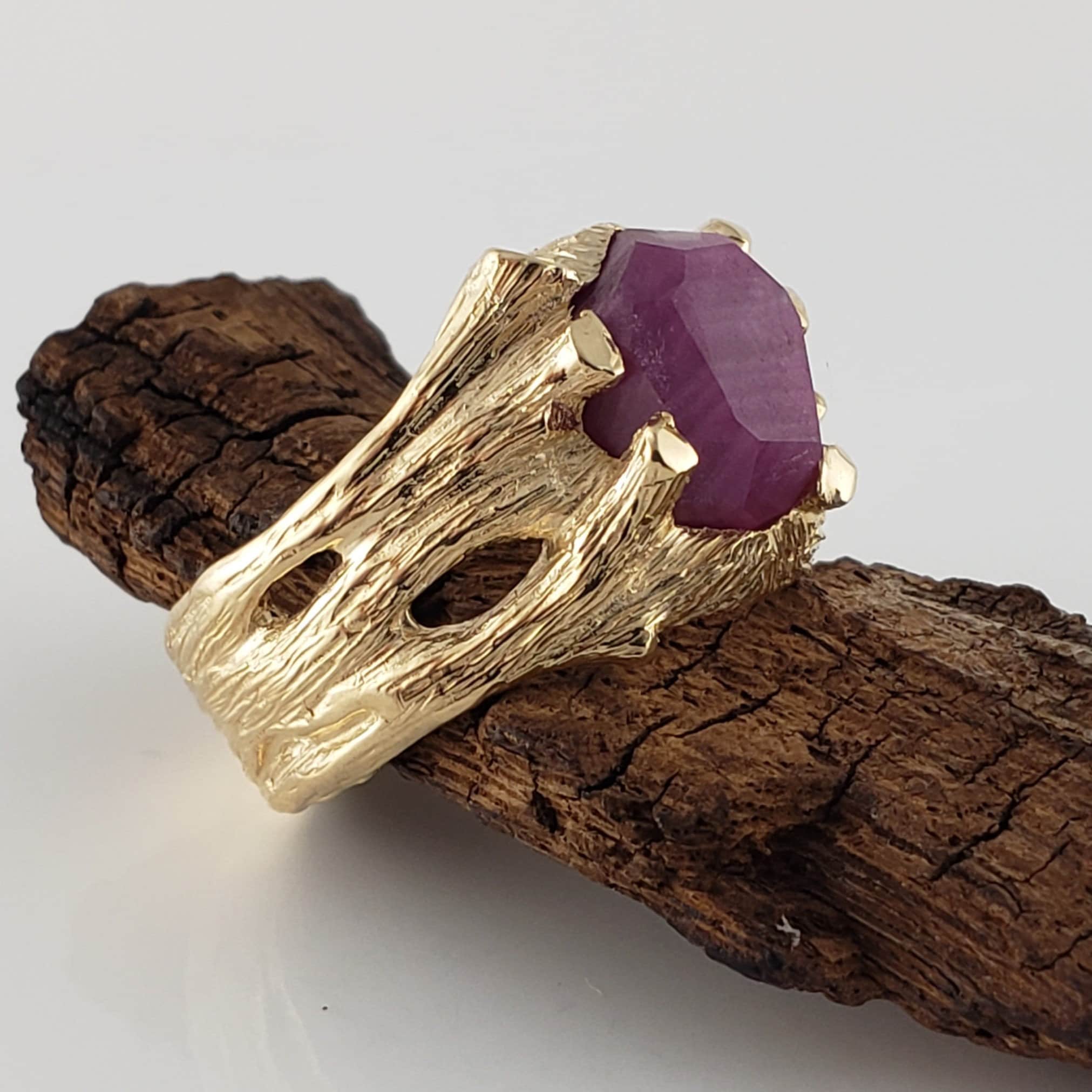Wide Hand-cut Ruby Gemstone Branch Twig Style Ring In 14k Gold By Dawn Vertrees