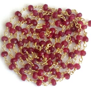 3.5mm Ruby Faceted Rondelle Beads Connector Chains, Ruby In 925 Silver Gold Plate Wire Wrapped Rosary Style Chain (1foot To 5feet Options)