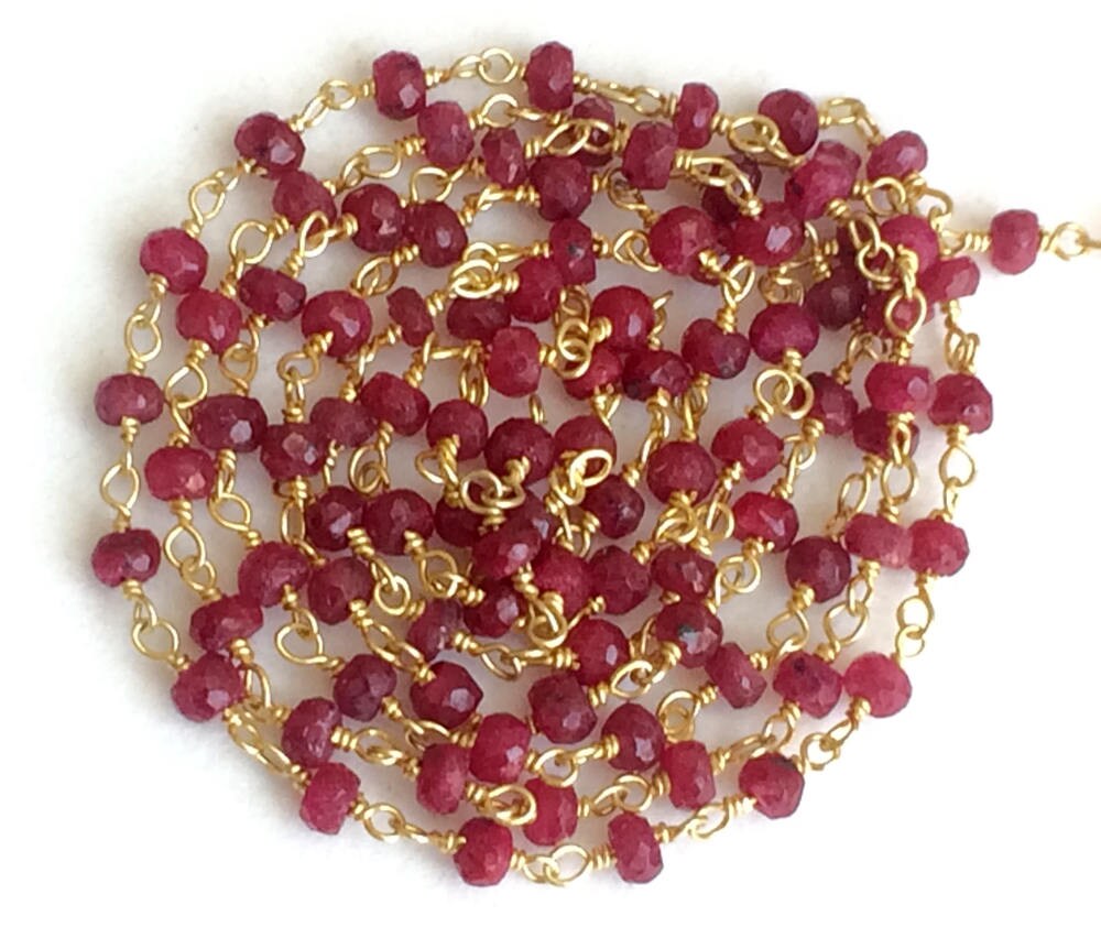 3.5mm Ruby Faceted Rondelle Beads Connector Chains, Ruby In 925 Silver Gold Plate Wire Wrapped Rosary Style Chain (1foot To 5feet Options) 3.5mm Ruby Faceted Rondelle Beads Connector Chains, Ruby In 925 Silver Gold Plate Wire Wrapped Rosary Style Chain (1foot To 5feet Options)