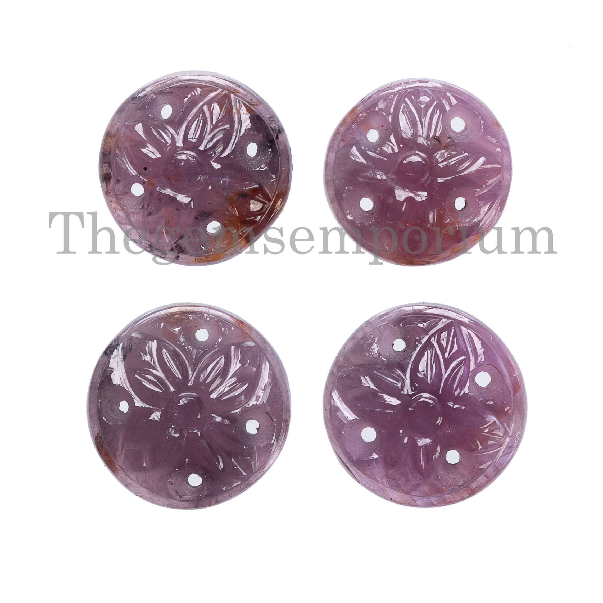 Hand Crafted 4pcs Round Ruby Flower Carvings, Natural Circle Shape Ruby Carvings, Drilled Ruby Flower Carvings, For Jewelry Making Pendant