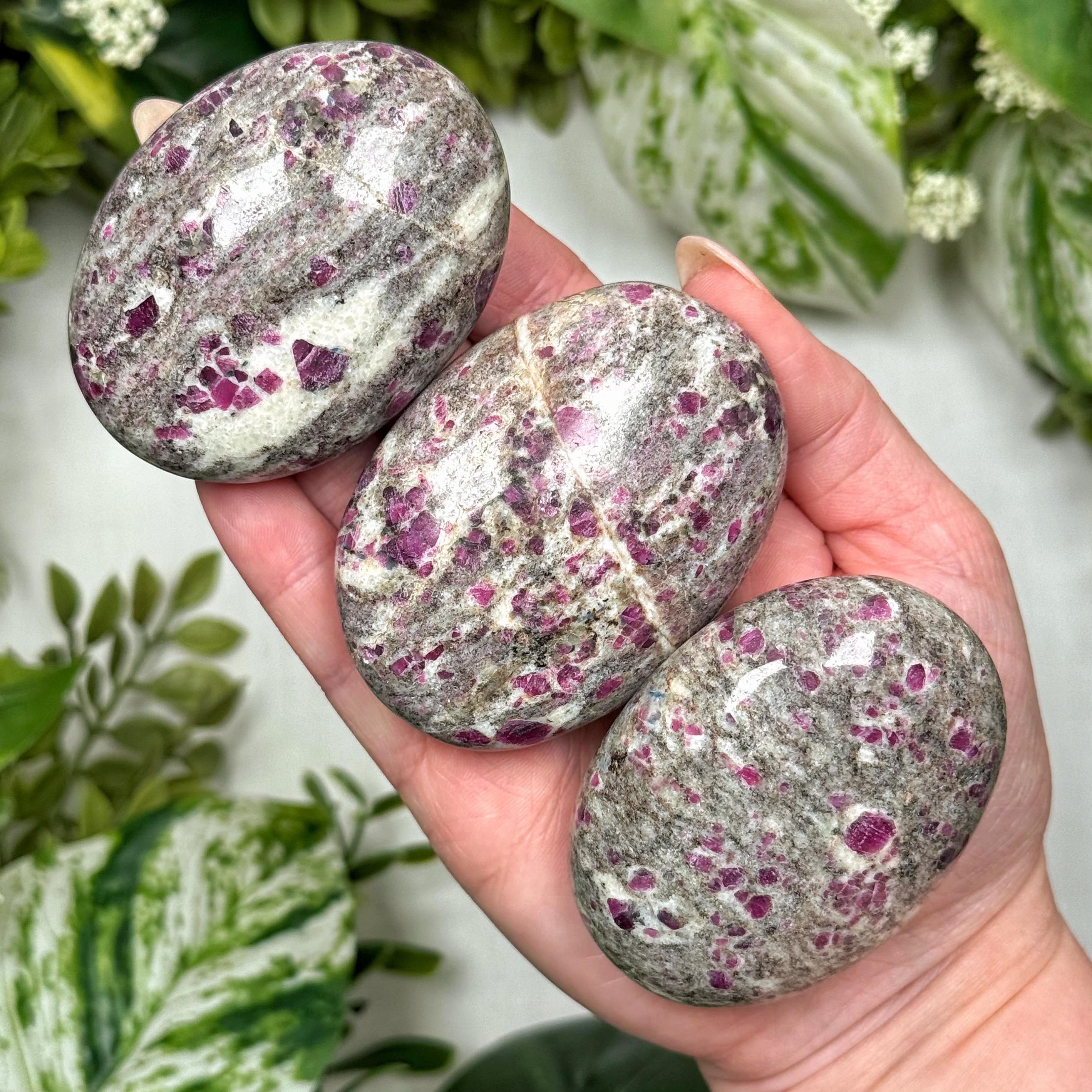 Ruby In Albite Palmstone | S, L | - No. 132 (polished Red Crystal Pocket Stone Palm, Heart Chakra, Love)