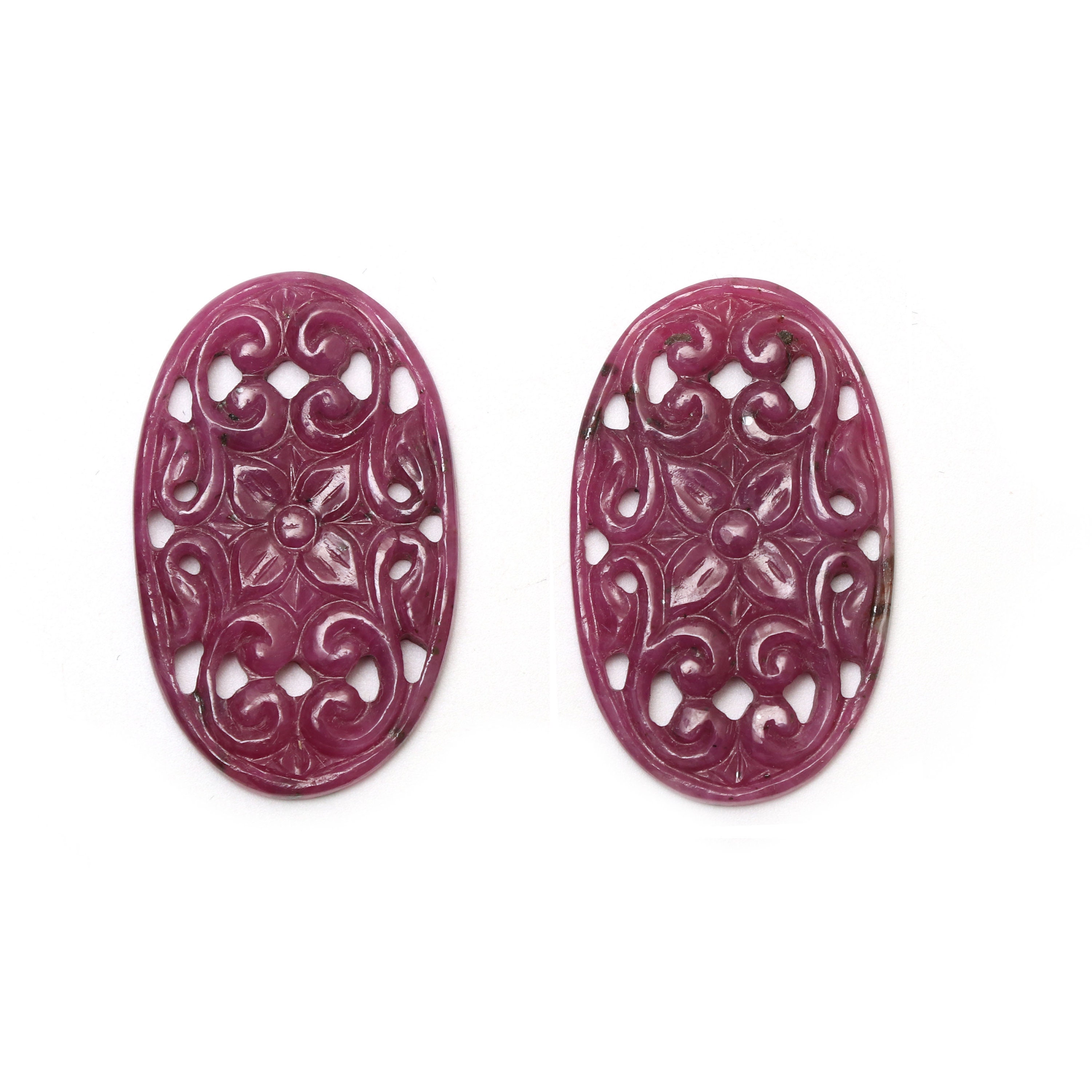 Natural Ruby Carving Oval Shaped Loose Gemstone - 20x33 Mm - Ruby Oval, Ruby Carving Loose Gemstone, Pair (2 Pieces)