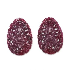 Natural Ruby Carving Oval Shaped Loose Gemstone - 25x36 mm - Ruby Oval, Ruby Carving Loose Gemstone, Pair (2 Pieces)