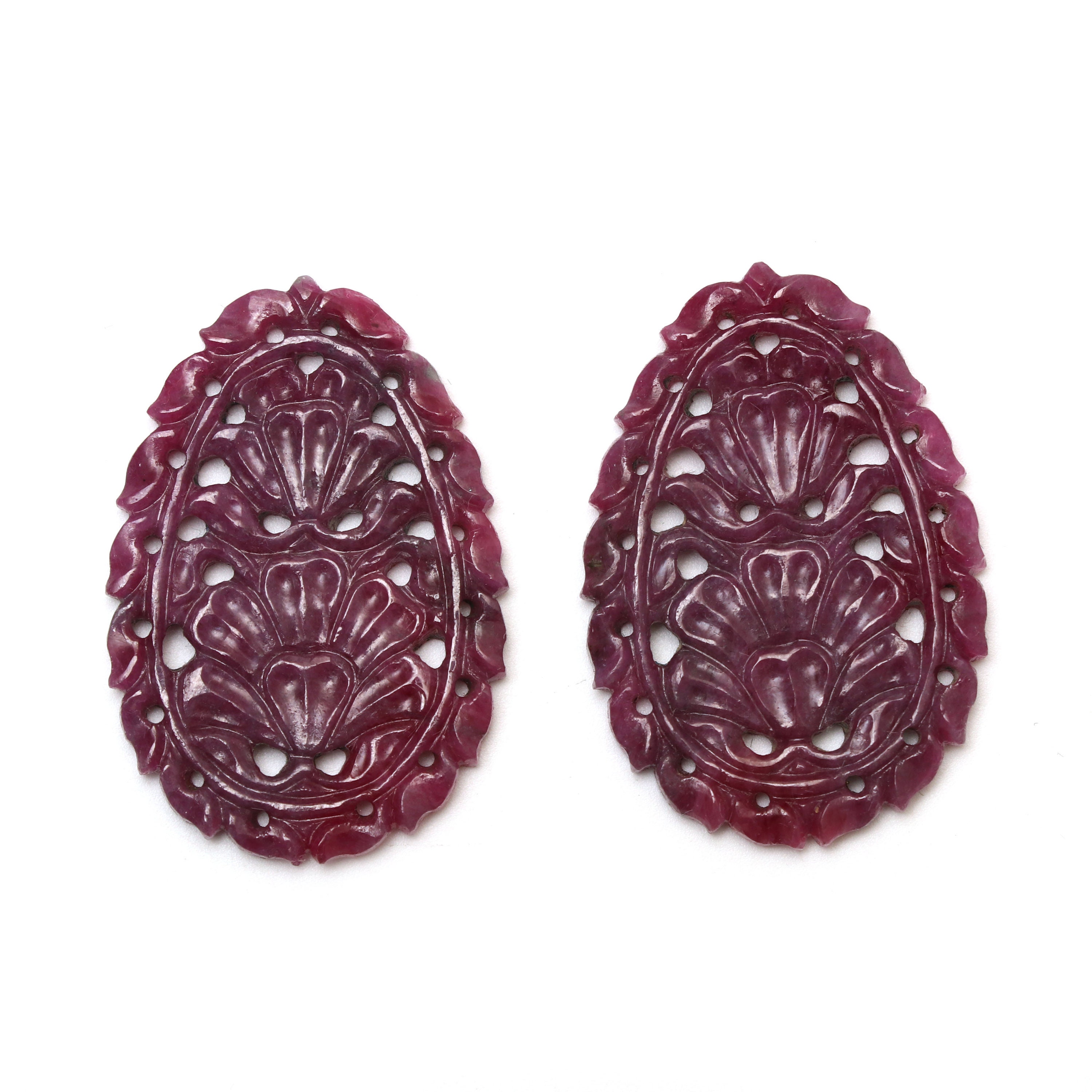 Natural Ruby Carving Oval Shaped Loose Gemstone - 25x36 Mm - Ruby Oval, Ruby Carving Loose Gemstone, Pair (2 Pieces)