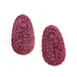 Natural Ruby Carving Oval Shaped Loose Gemstone - 46x26x2 mm - Oval Ruby, Ruby Carving Loose Gemstone, Pair (2 Pieces)