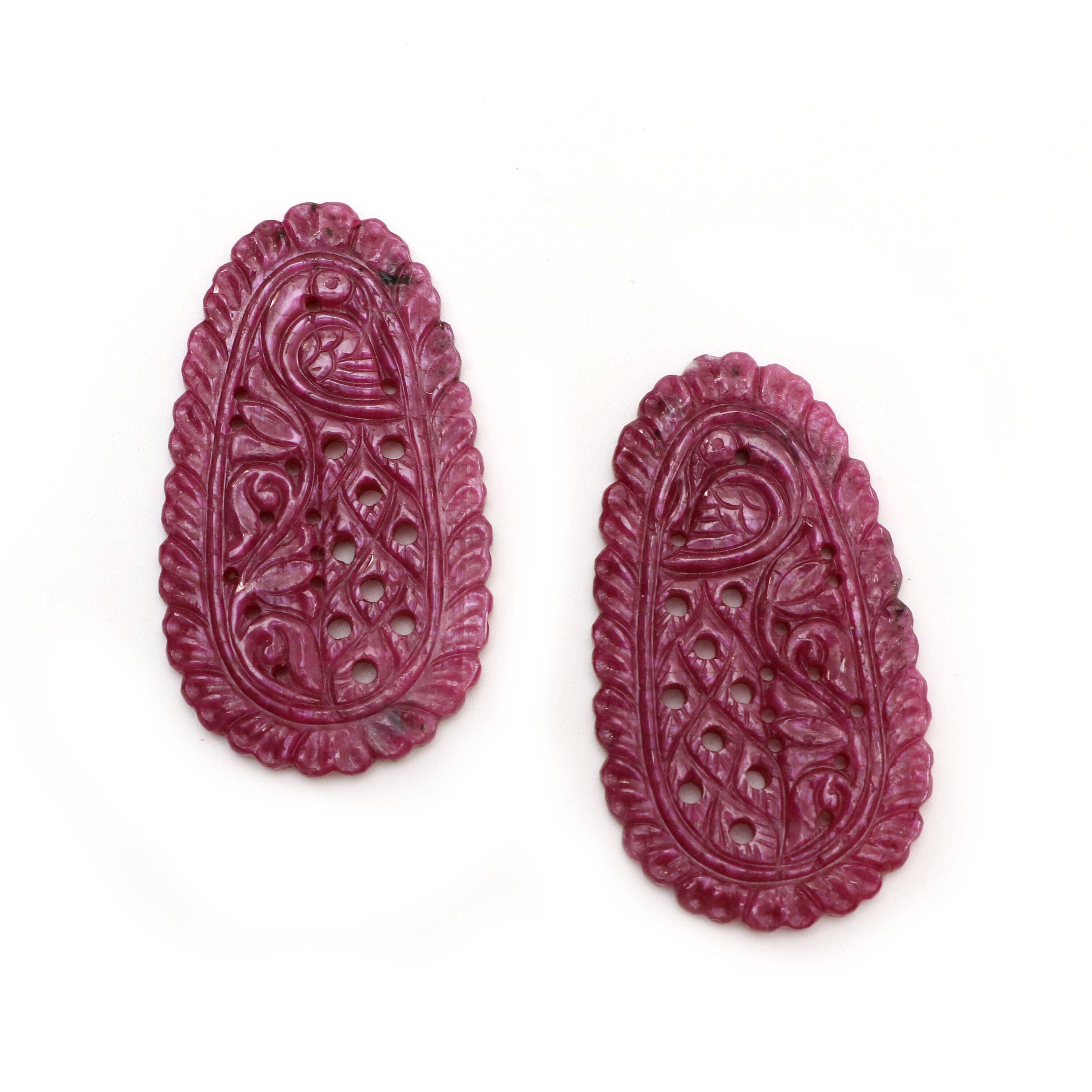 Natural Ruby Carving Oval Shaped Loose Gemstone - 46x26x2 Mm - Oval Ruby, Ruby Carving Loose Gemstone, Pair (2 Pieces)