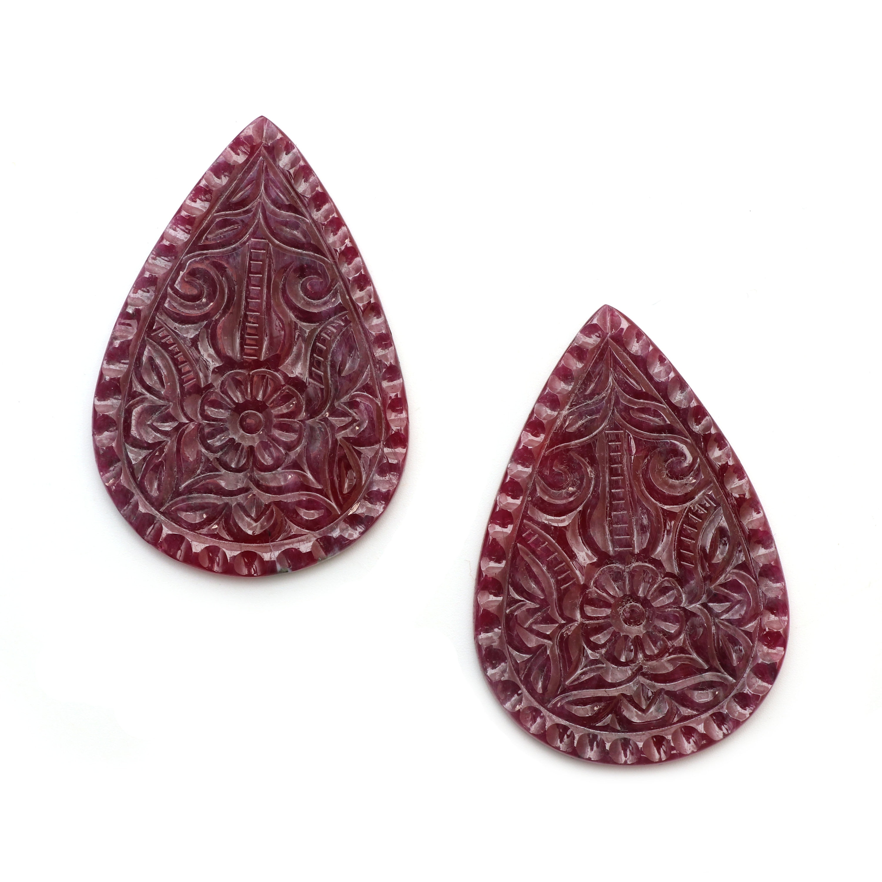 Natural Ruby Carving Pear Shaped Loose Gemstone - 46x31x2 Mm - Ruby Pear, Ruby Carving Loose Gemstone, Pair (2 Pieces)