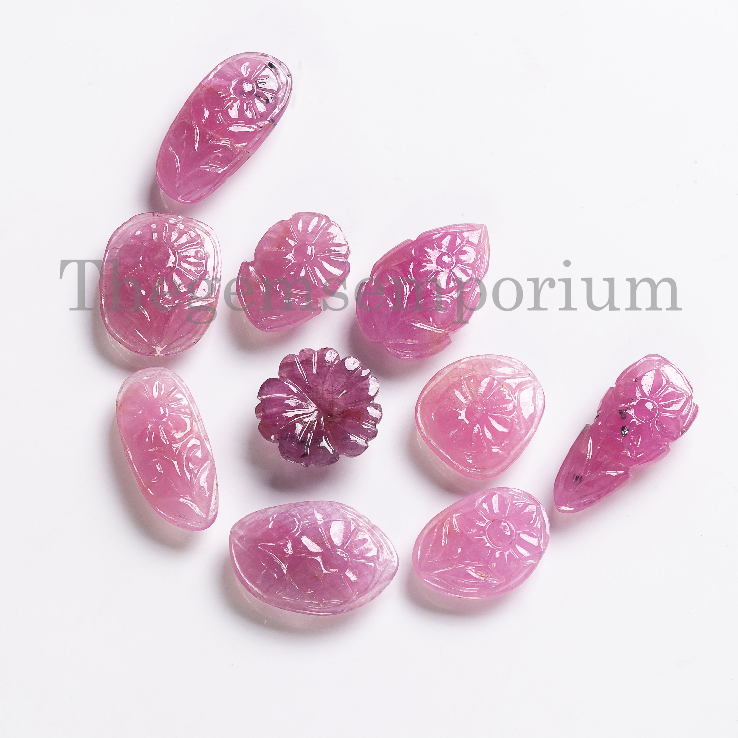 Natural Ruby Fancy Shape Flower Carvings, High Quality Pink Ruby Flat Back Loose Stones, Handmade Carved 10pcs Lot, Wholesale Suppliers