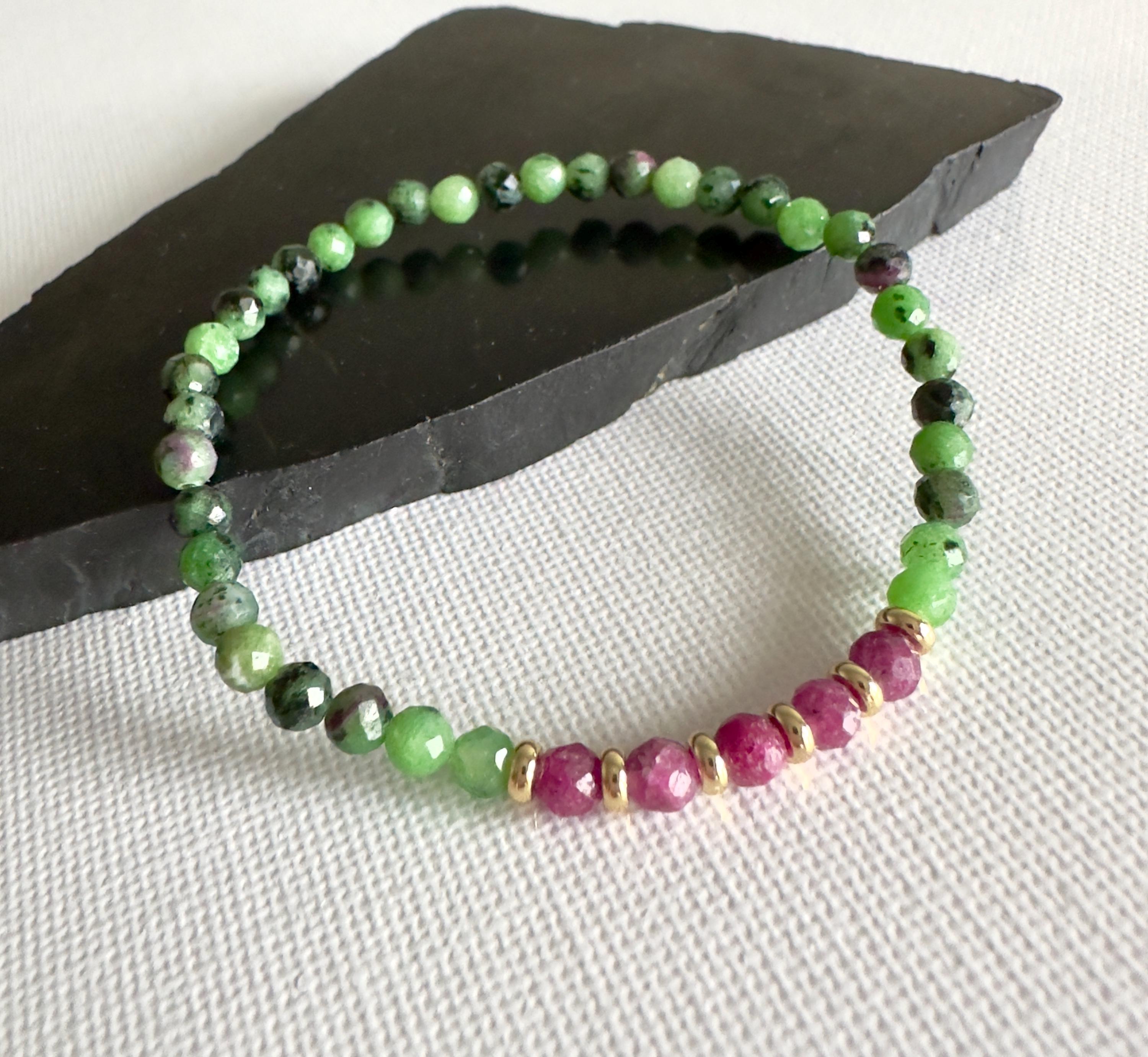 4mm Ruby Zoisite Beaded Stretch Bracelet: Green Pink Ruby Gemstone Jewelry