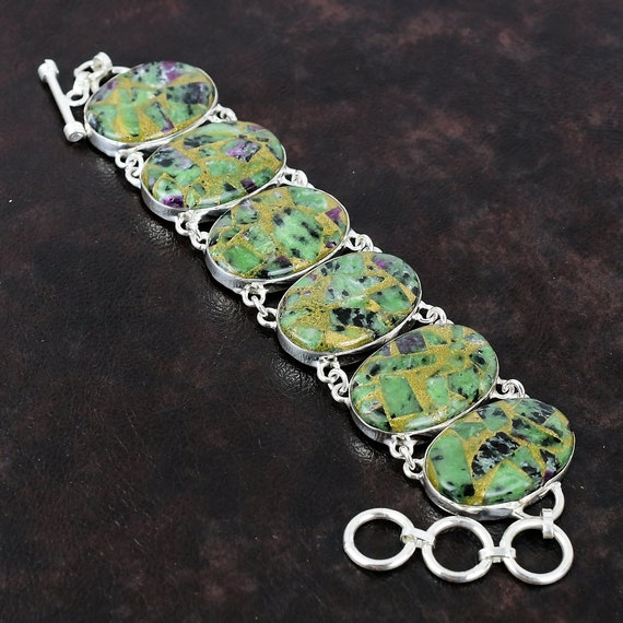 Handmade Copper Ruby Zoisite 925 Sterling Silver Bracelet Handmade Copper Ruby Zoisite 925 Sterling Silver Bracelet
