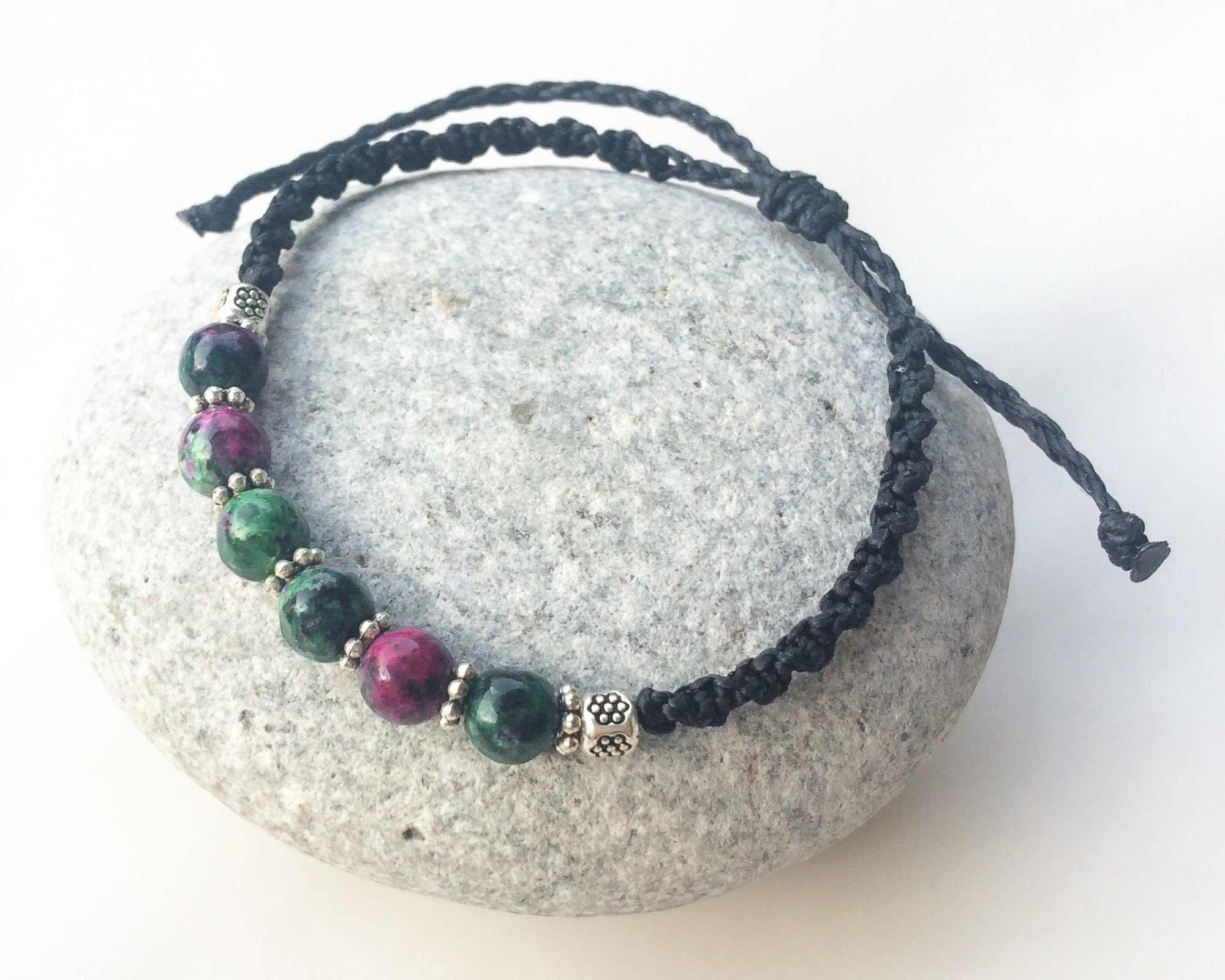 Ruby Zoisite Bracelet, Macrame & Natural Gemstones Bracelet, Watermelon Ruby Ethnic Bracelet, Adjustable Ruby Bracelet, Boho Macrame Jewelry