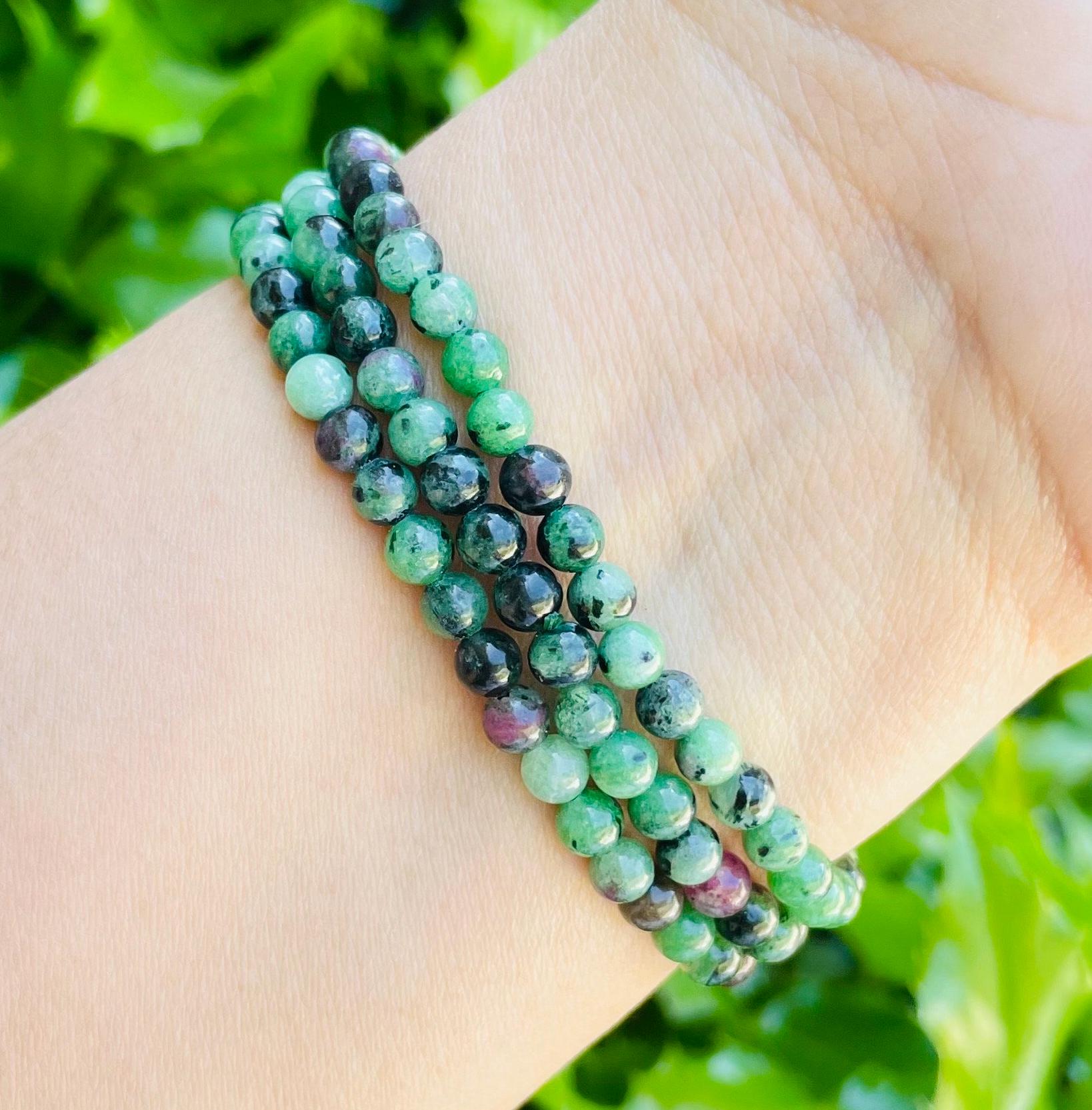 Mini Ruby Zoisite Bracelet: Round Gemstone Crystal Beads (5-7.5" Wrist)