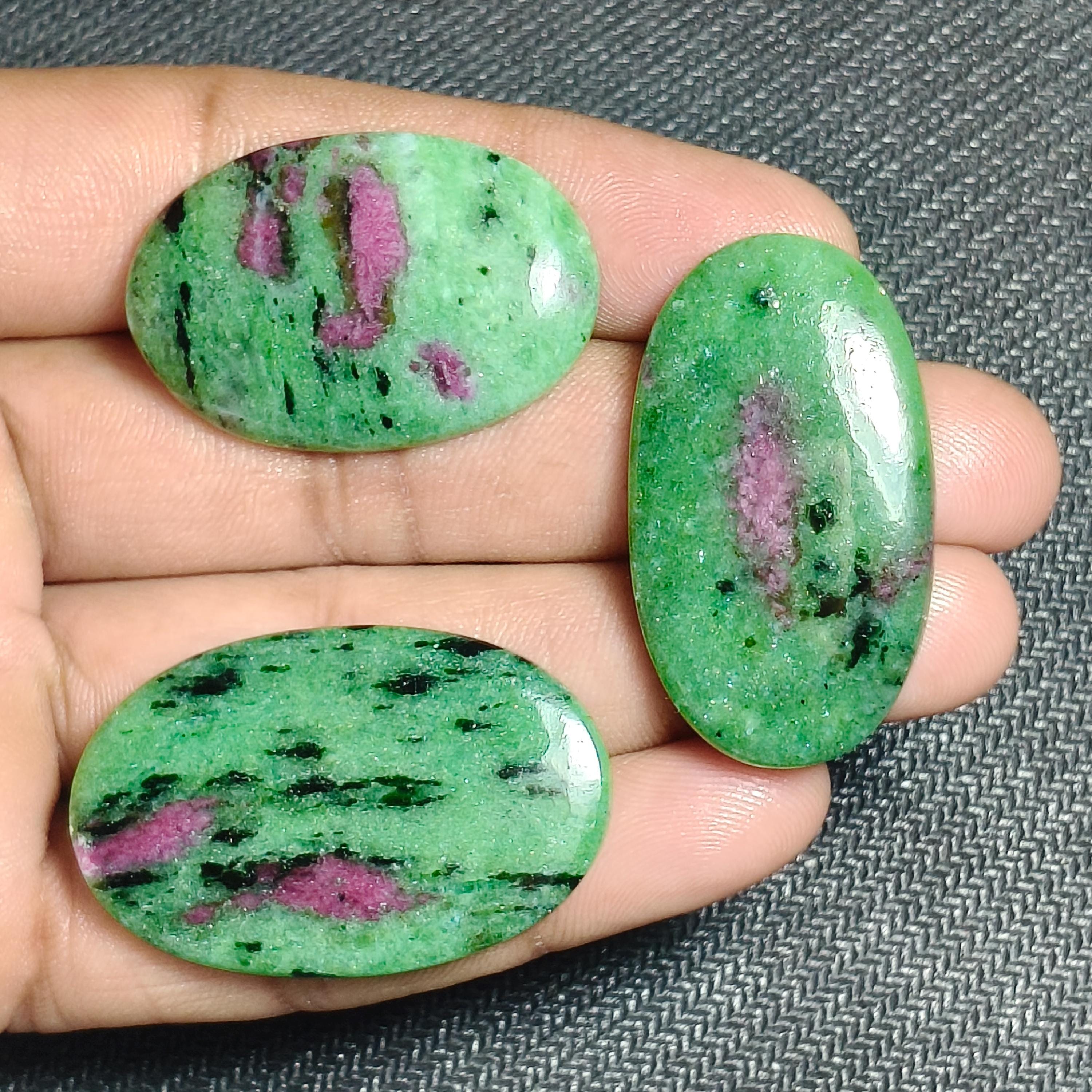 3pcs. Ruby Zoisite Cabochon Lot: Loose Gemstones, Jewelry Making (150 Cts)