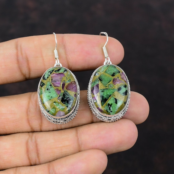 Copper Ruby Zoisite Earrings, Handmade Sterling Silver Gemstone Jewelry