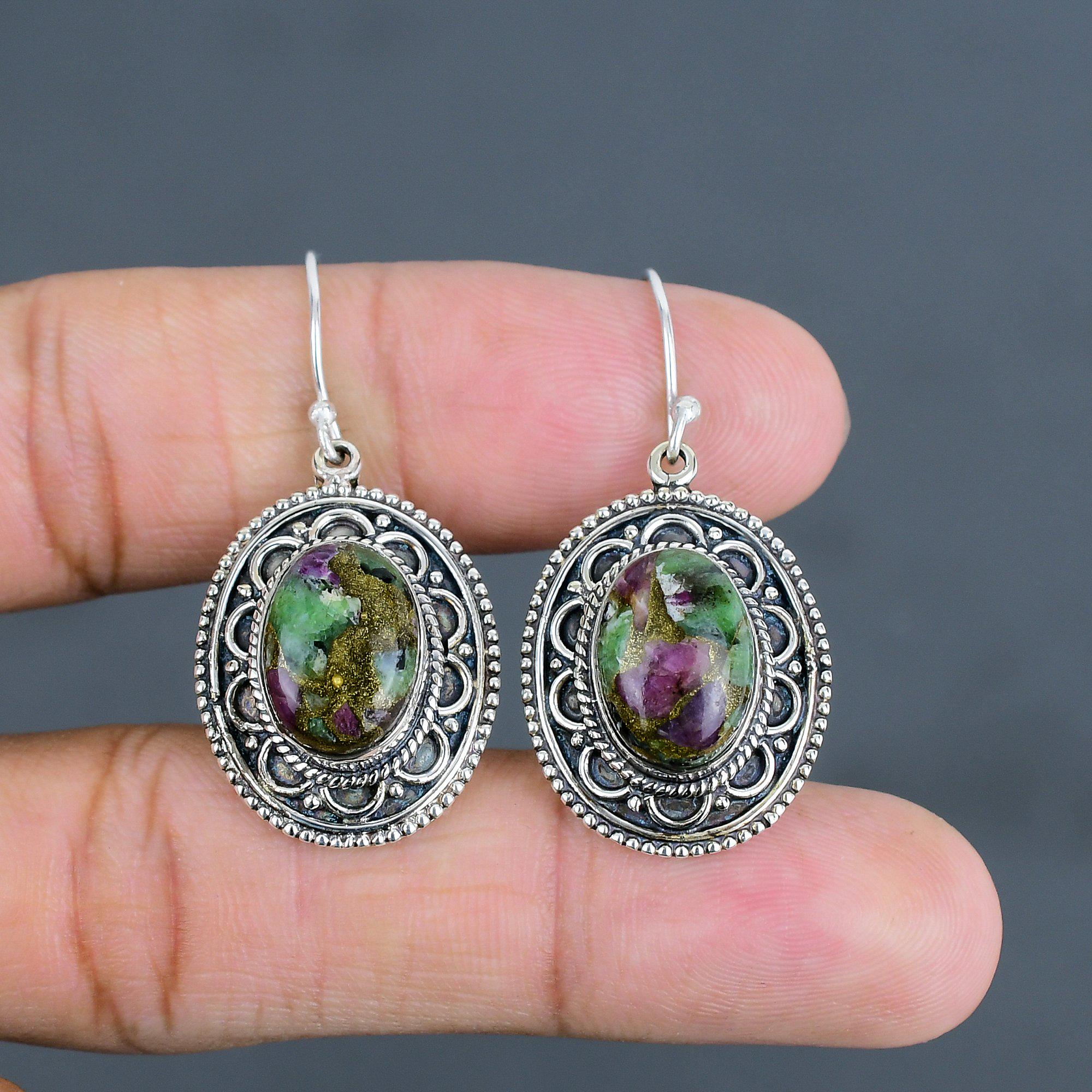 Copper Ruby Zoisite Earrings: Sterling Silver Antique Style
