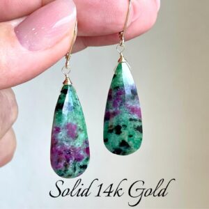 Ruby Zoisite Earrings, Green and Hot Pink Solid 14k Gold Teardrop Earrings, Real Gold Statement Jewelry, Large Gemstone Drops, Gift for her