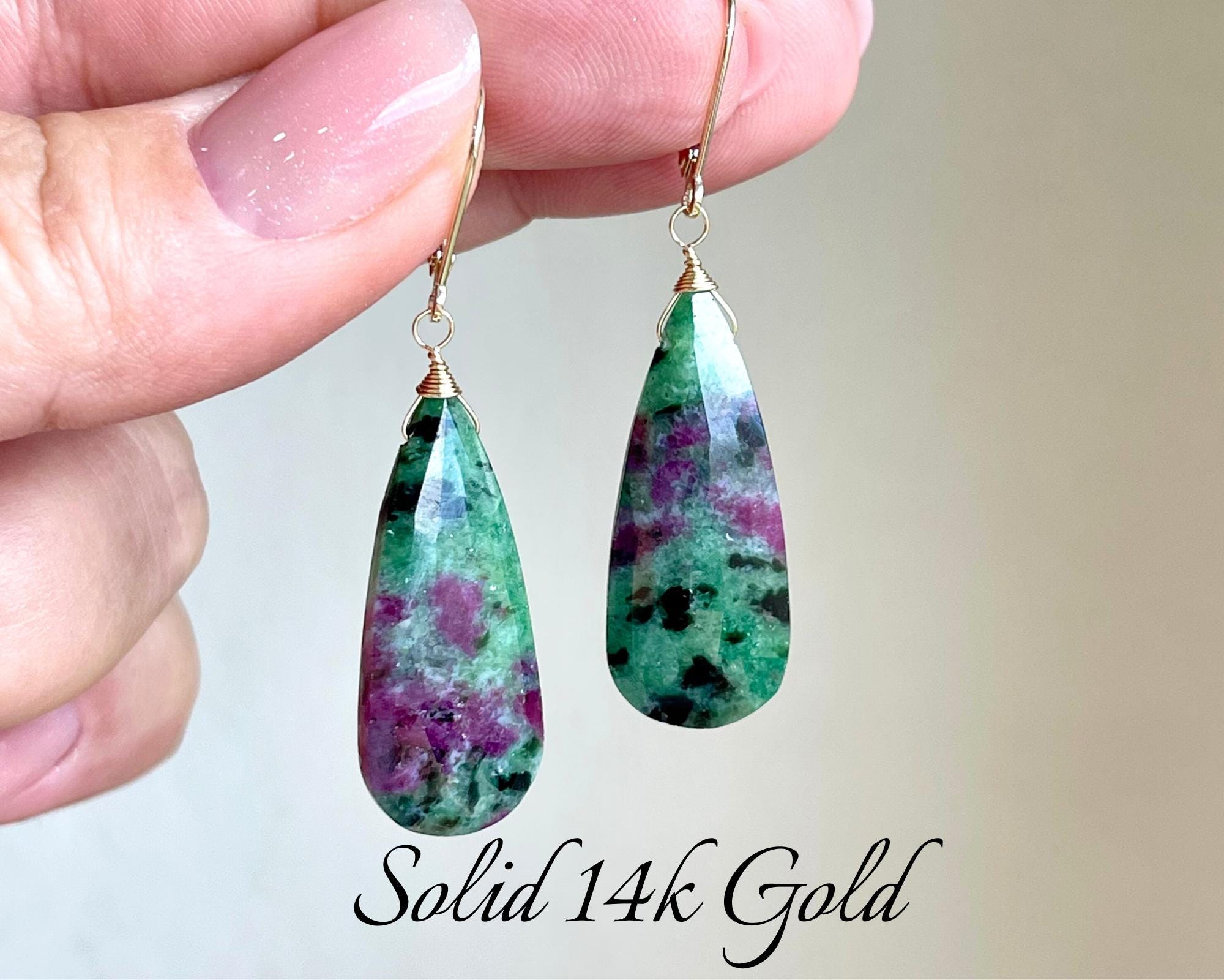 Ruby Zoisite Earrings, Green And Hot Pink Solid 14k Gold Teardrop Earrings, Real Gold Statement Jewelry, Large Gemstone Drops, Gift For Her Ruby Zoisite Earrings, Green And Hot Pink Solid 14k Gold Teardrop Earrings, Real Gold Statement Jewelry, Large Gemstone Drops, Gift For Her