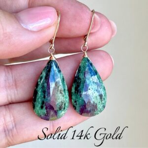 Ruby Zoisite Earrings, Green and Hot Pink Solid 14k Gold Teardrop Earrings, Real Gold Statement Jewelry, Large Gemstone Drops, Gift for her