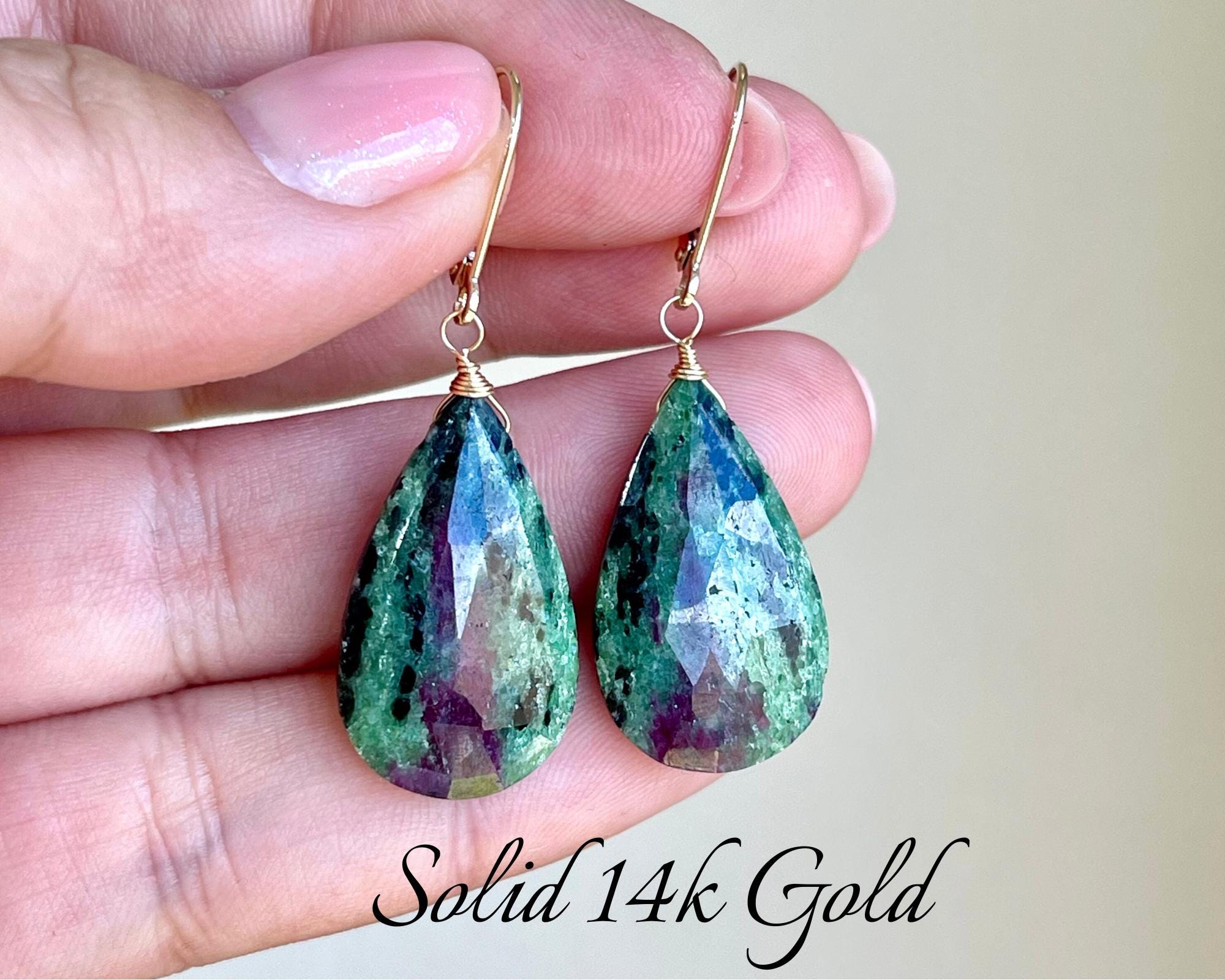 Ruby Zoisite Earrings, Green And Hot Pink Solid 14k Gold Teardrop Earrings, Real Gold Statement Jewelry, Large Gemstone Drops, Gift For Her