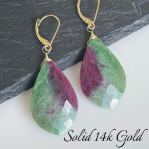 Ruby Zoisite Earrings, Green and Hot Pink Solid 14k Gold Teardrop Earrings, Real Gold Statement Jewelry, Large Gemstone Drops, Gift for her Ruby Zoisite Earrings, Green and Hot Pink Solid 14k Gold Teardrop Earrings, Real Gold Statement Jewelry, Large Gemstone Drops, Gift for her