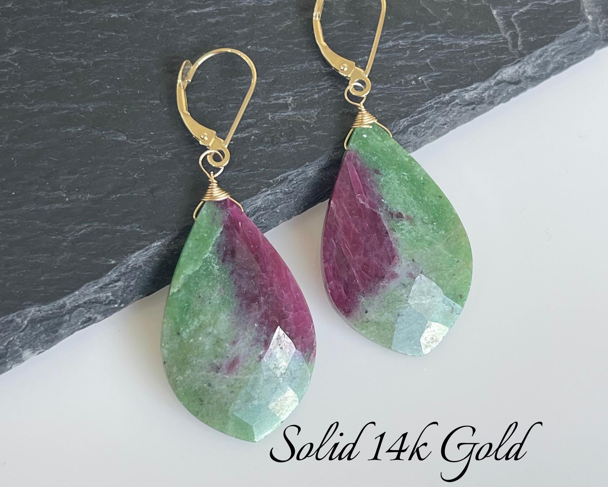 Ruby Zoisite Earrings, Green And Hot Pink Solid 14k Gold Teardrop Earrings, Real Gold Statement Jewelry, Large Gemstone Drops, Gift For Her Ruby Zoisite Earrings, Green And Hot Pink Solid 14k Gold Teardrop Earrings, Real Gold Statement Jewelry, Large Gemstone Drops, Gift For Her