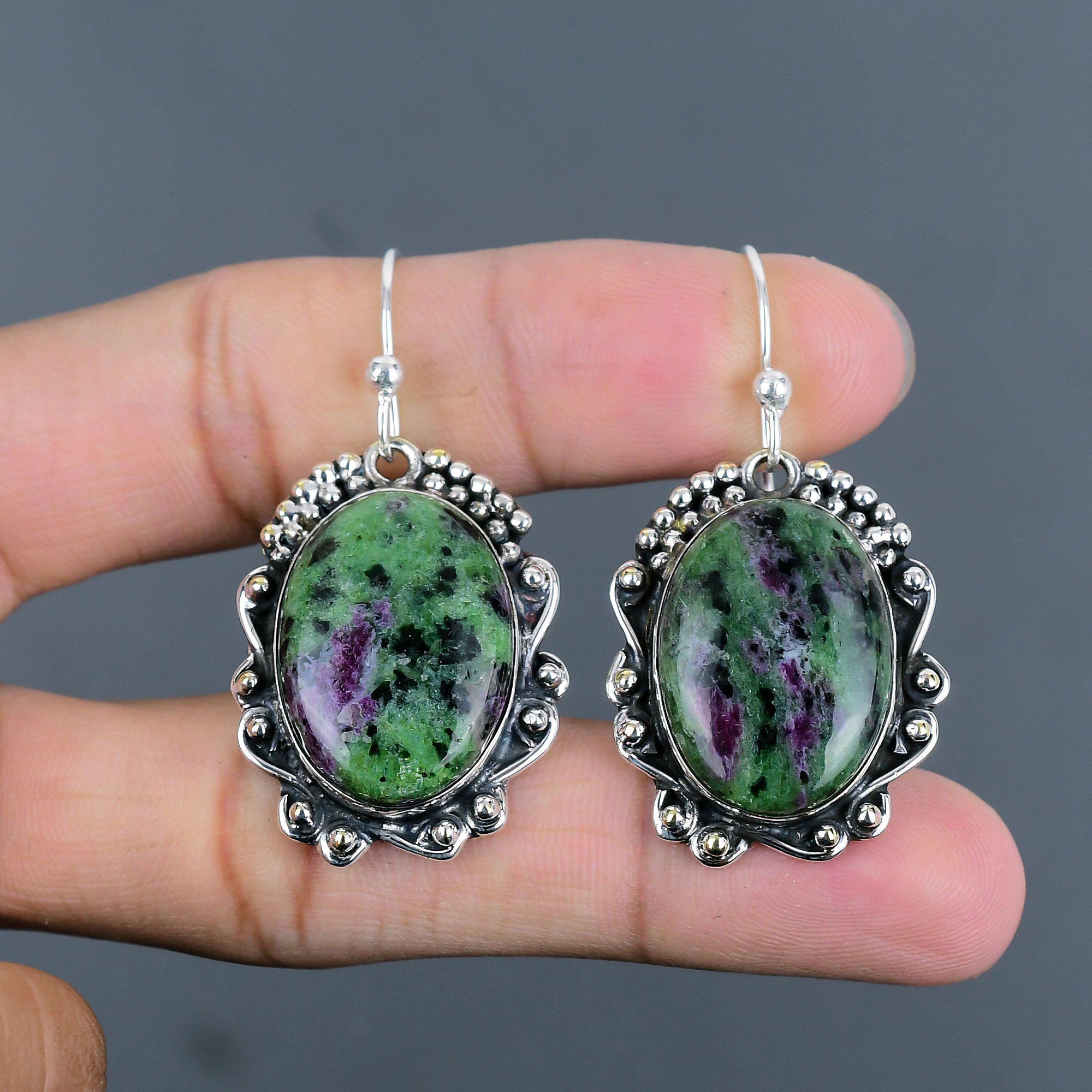 Handmade Ruby Zoisite Earrings: 925 Sterling Silver Gemstone Jewelry Handmade Ruby Zoisite Earrings: 925 Sterling Silver Gemstone Jewelry