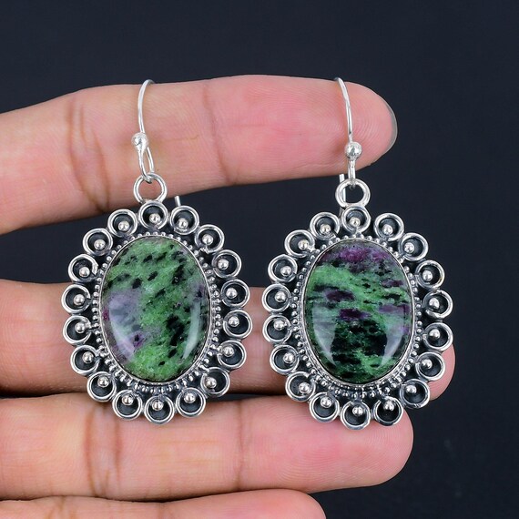 Ruby Zoisite Earrings: Handmade 925 Sterling Silver Dangle Jewelry Ruby Zoisite Earrings: Handmade 925 Sterling Silver Dangle Jewelry
