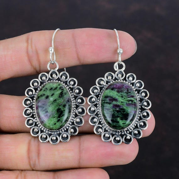 Handmade Ruby Zoisite Earrings: 925 Sterling Silver Antique Jewelry
