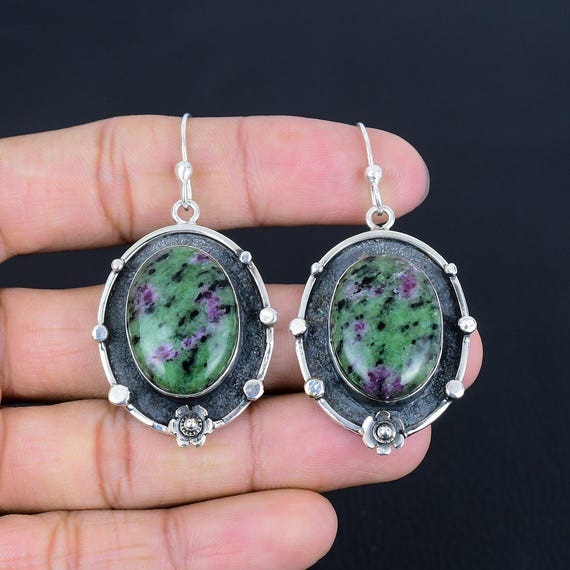 Handmade Ruby Zoisite Earrings: 925 Sterling Silver Gemstone Jewelry