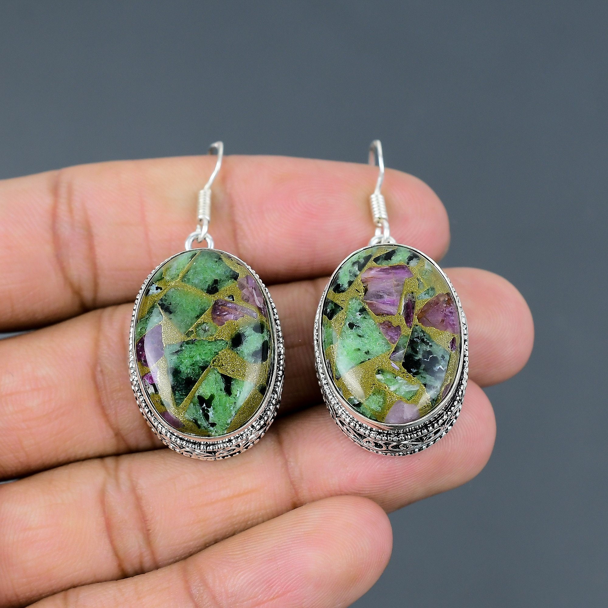 Handmade Copper Ruby Zoisite Earrings, 925 Sterling Silver, Vintage Style Handmade Copper Ruby Zoisite Earrings, 925 Sterling Silver, Vintage Style