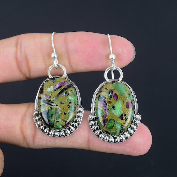 Handmade Copper Ruby Zoisite Earrings: 925 Sterling Silver Antique Jewelry Handmade Copper Ruby Zoisite Earrings: 925 Sterling Silver Antique Jewelry