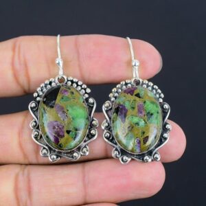 Handmade Copper Ruby Zoisite Earrings: Sterling Silver Dangle Drop Handmade Copper Ruby Zoisite Earrings: Sterling Silver Dangle Drop