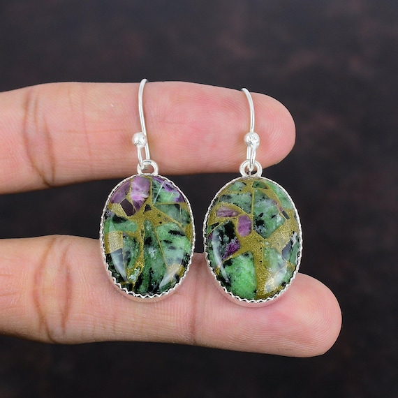 Handmade Copper Ruby Zoisite Earrings: 925 Sterling Silver Dainty Jewelry Handmade Copper Ruby Zoisite Earrings: 925 Sterling Silver Dainty Jewelry