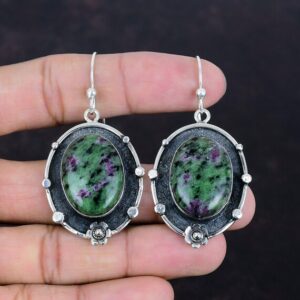 Handmade Ruby Zoisite Dangle Earrings: 925 Sterling Silver Gemstone Jewelry Handmade Ruby Zoisite Dangle Earrings: 925 Sterling Silver Gemstone Jewelry
