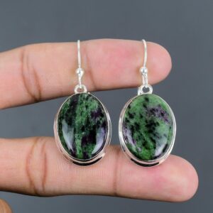 Handmade Ruby Zoisite Earrings: Oval Gemstone, 925 Sterling Silver Handmade Ruby Zoisite Earrings: Oval Gemstone, 925 Sterling Silver