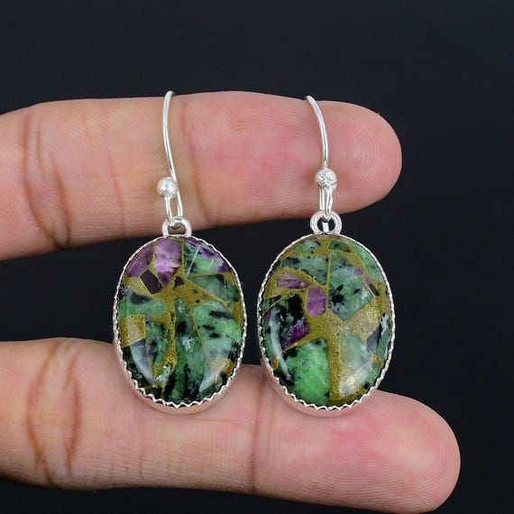 Handmade Ruby Zoisite Earrings: Sterling Silver Dangle Gemstone Jewelry