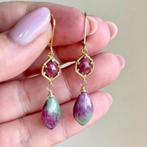 Ruby Zoisite Earrings, Pink and Green Teardrop Statement Earrings in Gold, Ruby in Fuchsite Jewelry, July Birthstone Mom Gift