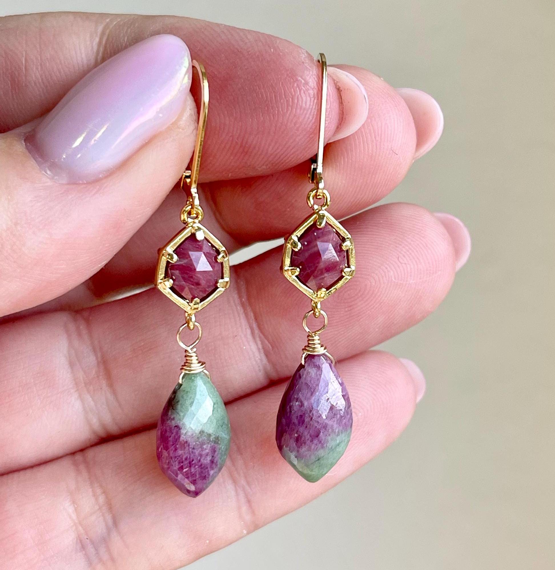 Ruby Zoisite Earrings, Pink And Green Teardrop Statement Earrings In Gold, Ruby In Fuchsite Jewelry, July Birthstone Mom Gift