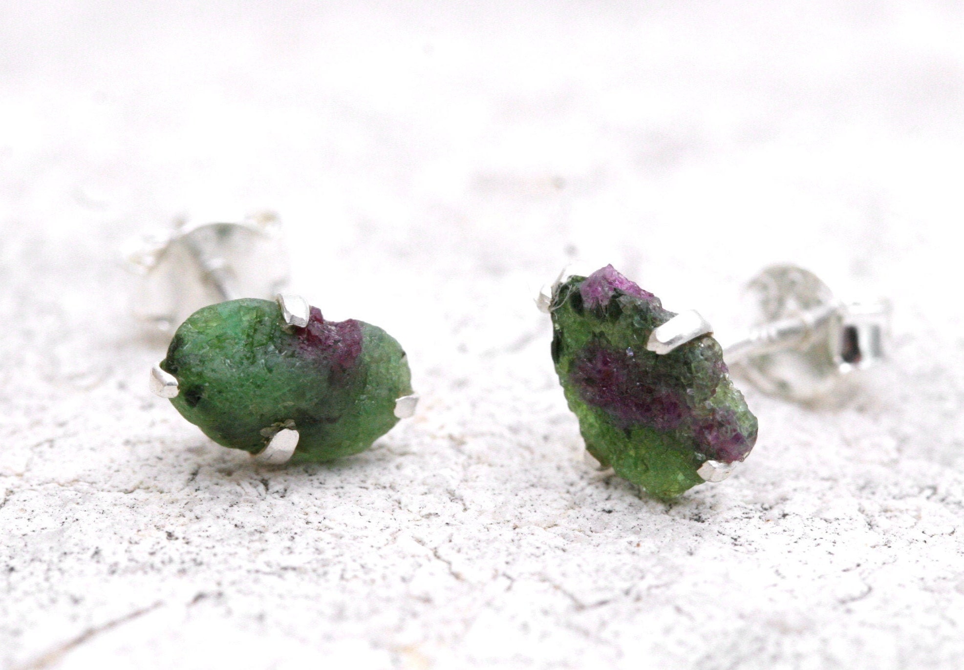 Raw Ruby Zoisite Stud Earrings: Sterling Silver Gemstone Jewelry