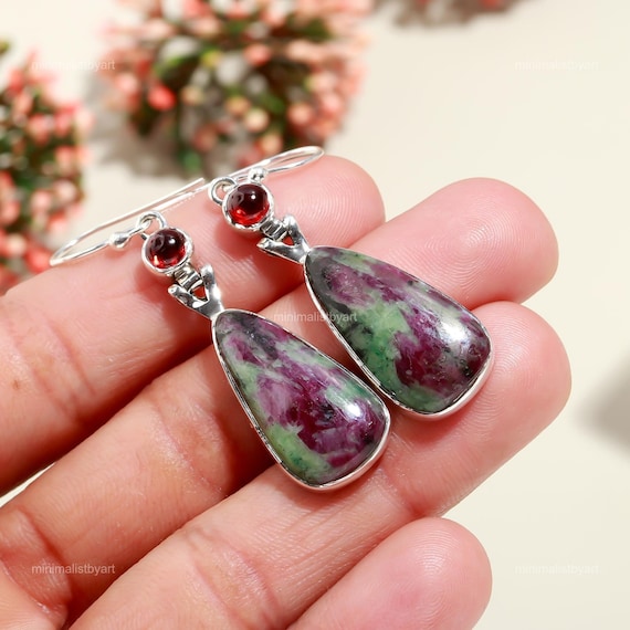 Ruby Zoisite Earrings: Sterling Silver Green Gemstone Dangle Earrings