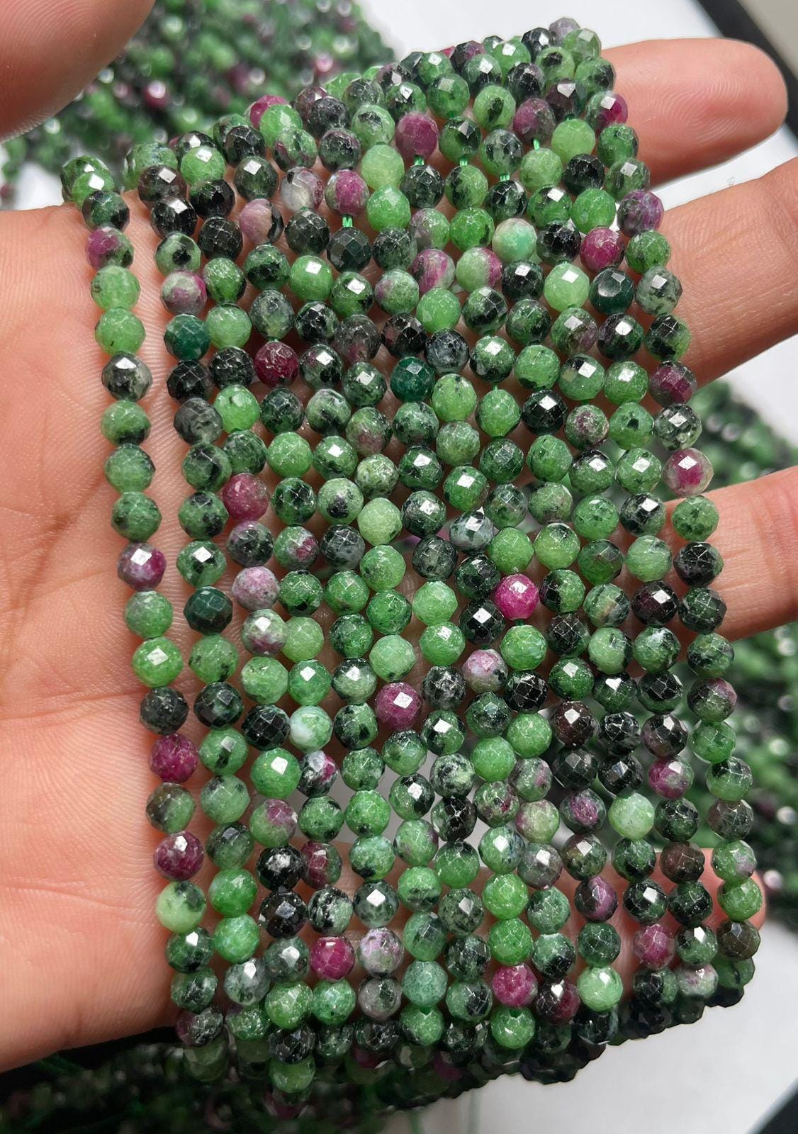 Natural Ruby Zoisite Faceted Round Shape Gemstone Beads Size-4 Mm, 15 Inch Strand For Making Jewelry