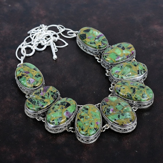 Copper Ruby Zoisite 925 Sterling Silver Necklace - Handmade Vintage Gemstone Jewelry
