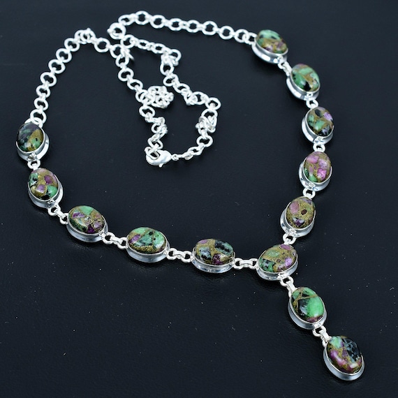 Copper Ruby Zoisite Necklace: Handmade 925 Sterling Silver, Adjustable Chain