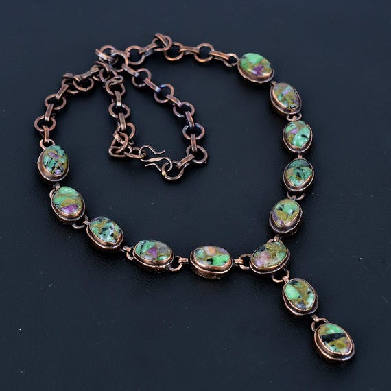 Electroformed Copper Ruby Zoisite Necklace - Adjustable Chain